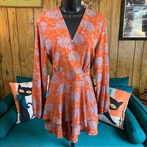 Asian Inspired Floral Faux Wrap Romper